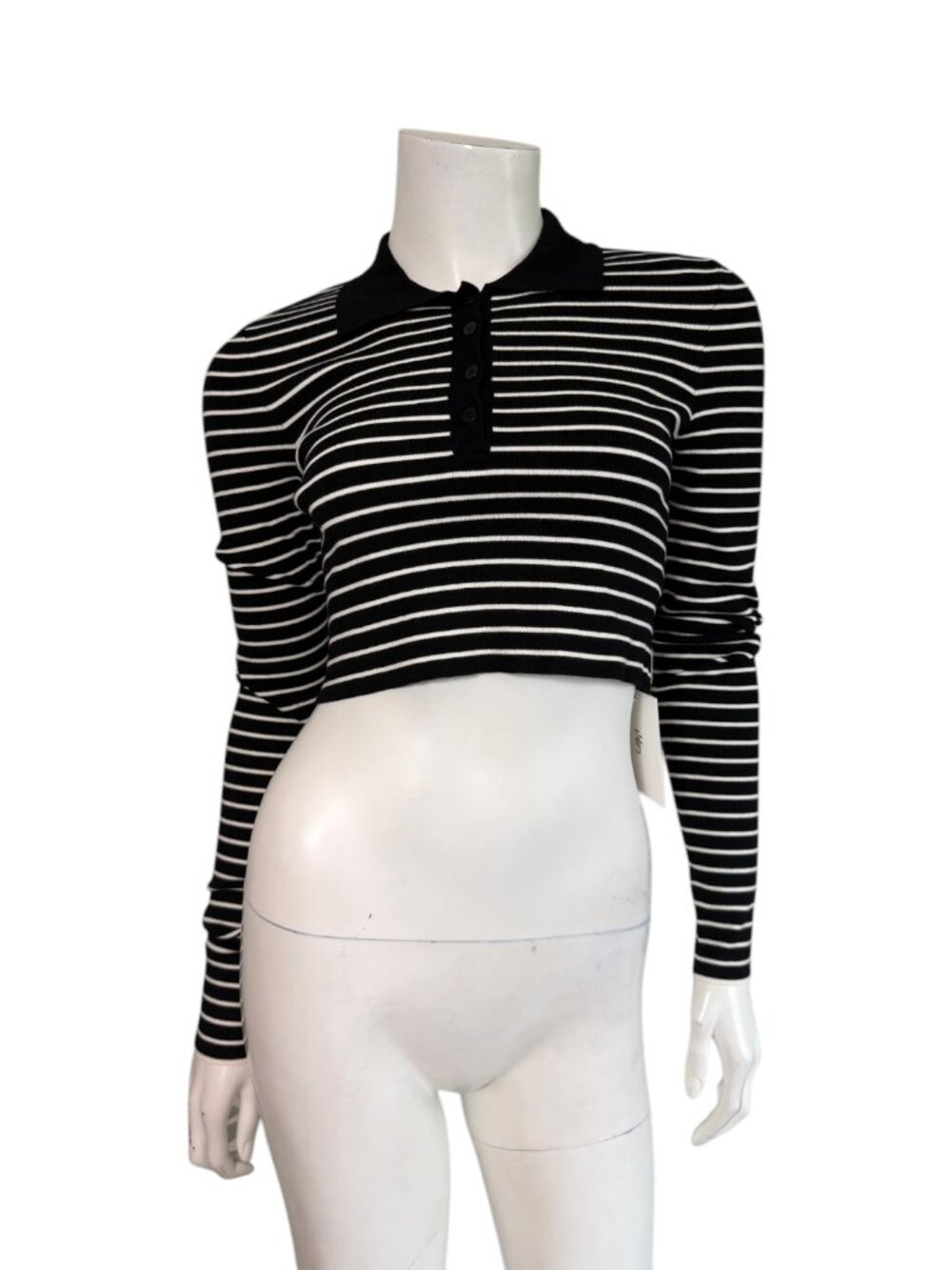 NWT The Frankie Shop Giselle Cropped Striped Knit Polo in Black/White Size S